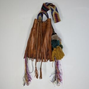 Unbranded Brown Colorful Boho Festival Leather Crossbody Cinch Close Bucket Bag